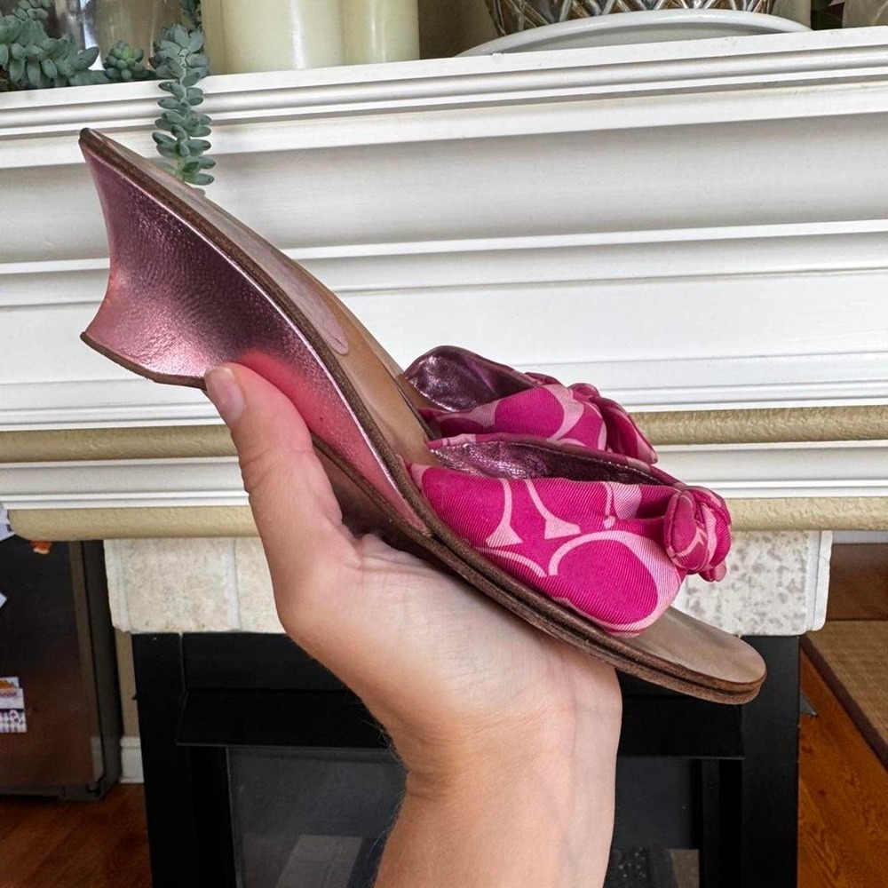 Coach y2K sandal mule kitten heel pink logo bow metallic pink wedge
